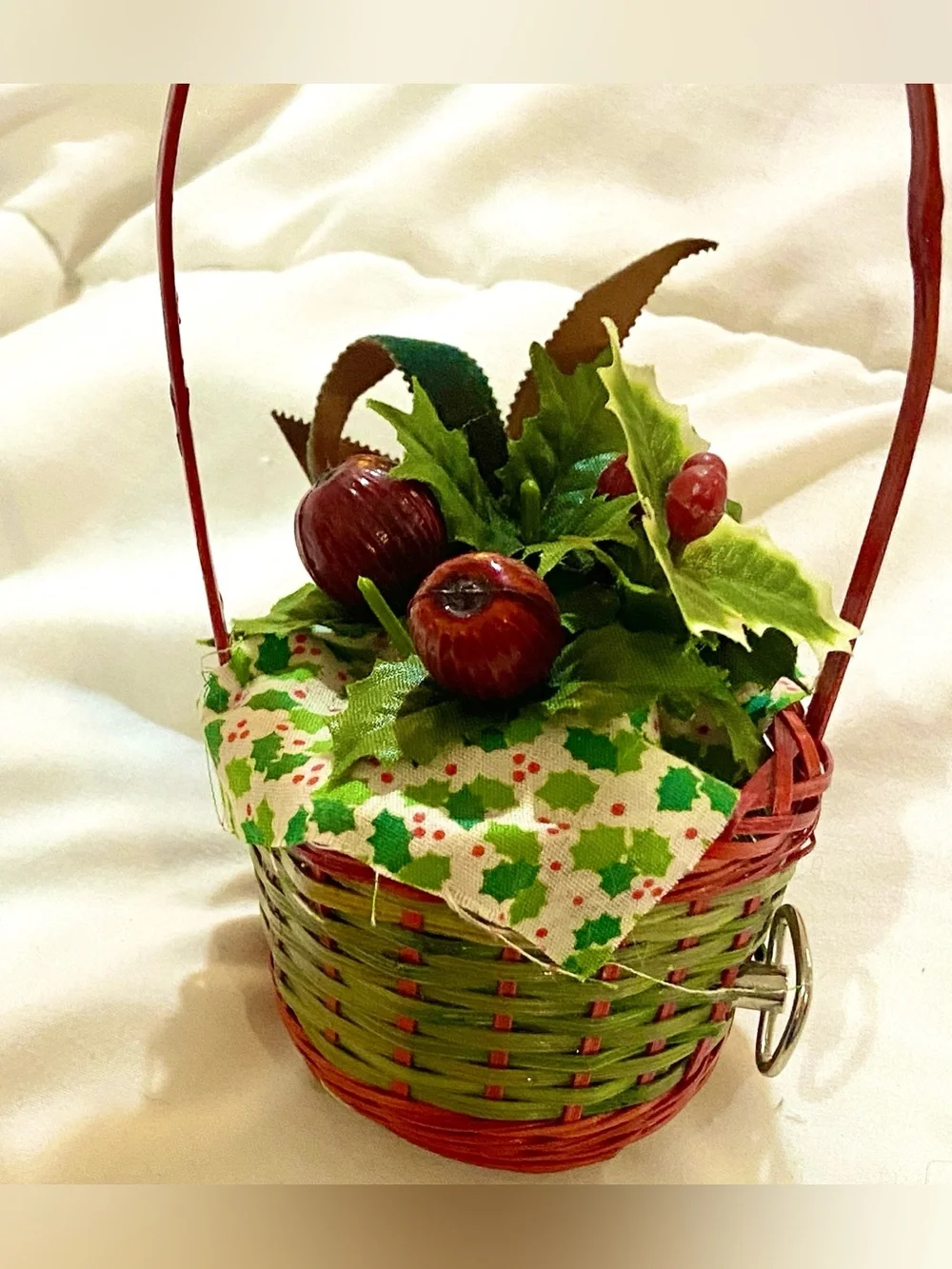 Vintage musical Christmas Holiday ornament wicker basket Holly and Berries